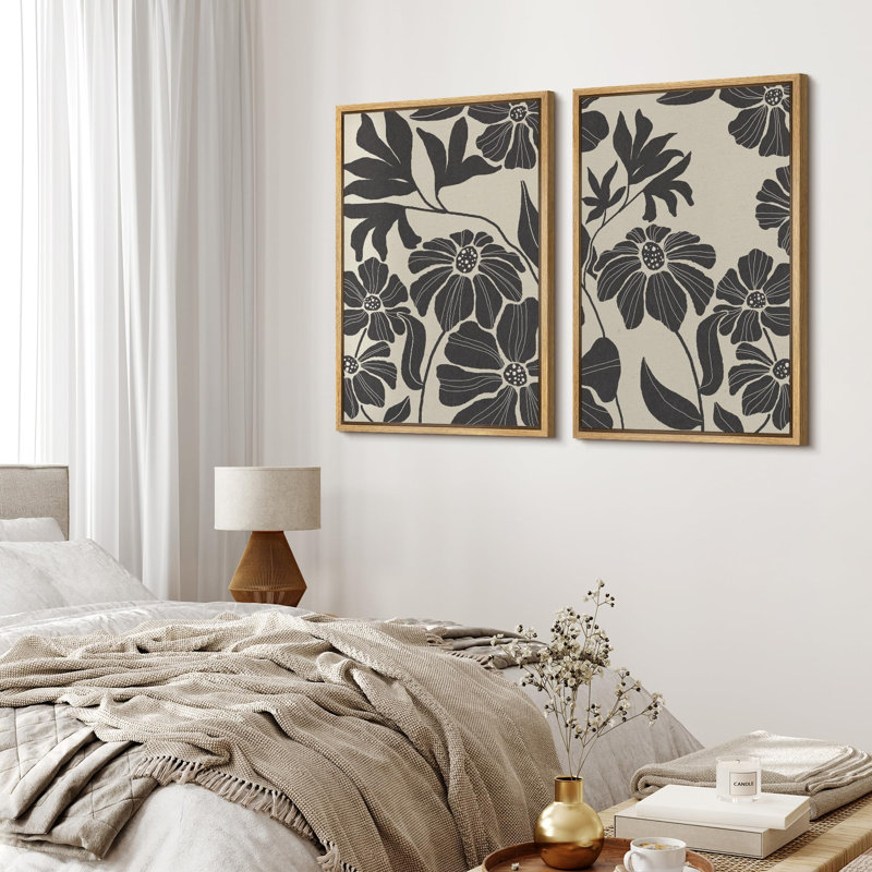 Plant Abstraction " Monochrome Floral Botanical Black And White " 2 - Pieces, Natural, 24" H x 16" W