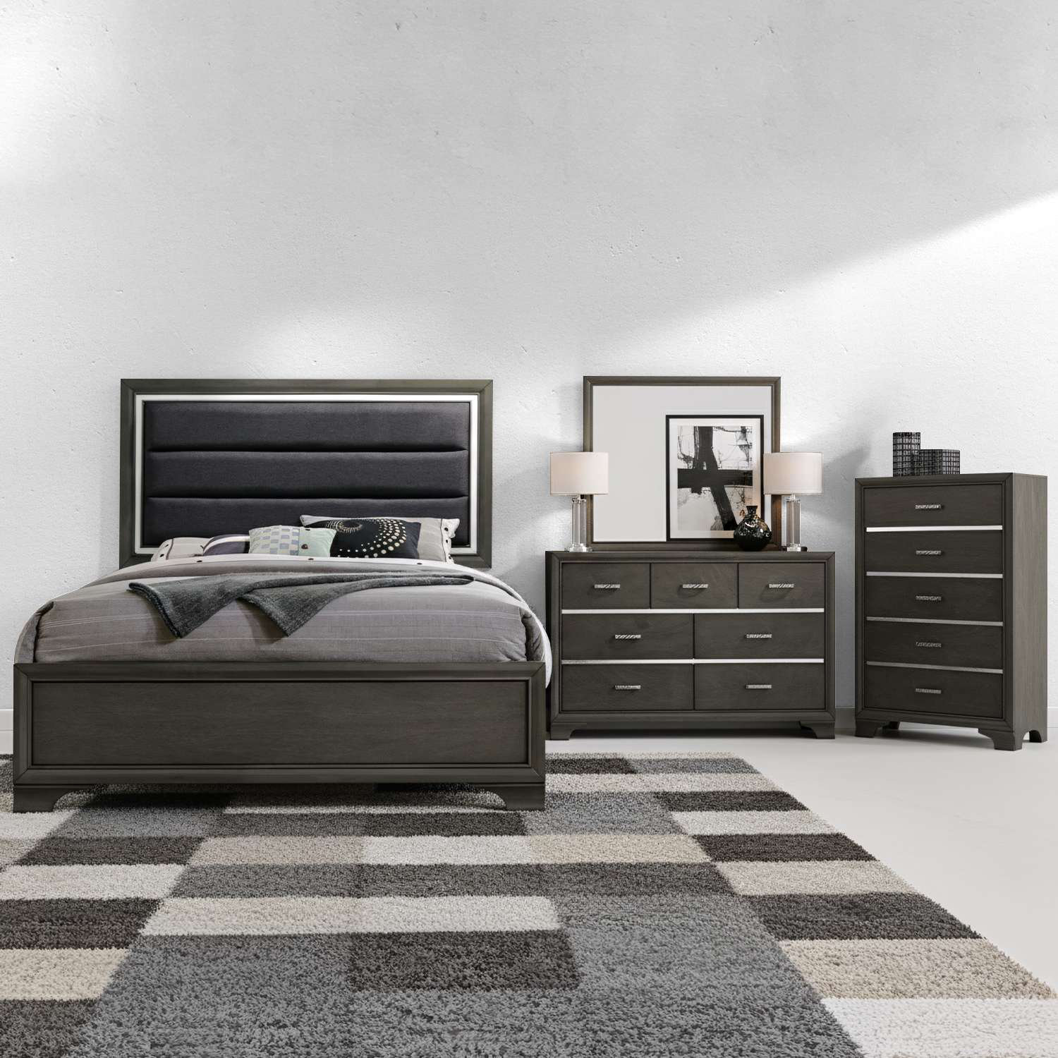 Latitude Run® Modern Charcoal Gray Bedroom Set with Upholstered Bed ...