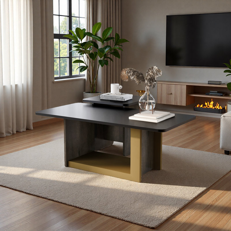 Ensemble de 2 tables basses modernes et luxueuses, petite table de bout carrée avec plateau spacieux et centre, Noir