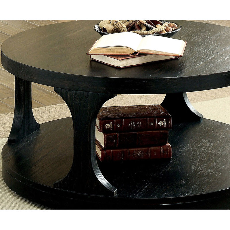 Table basse ronde en bois massif de 18 pouces de haut de 36 pouces de diamètre de style transitionnel avec finition noire antique et tablette supplémentaire H