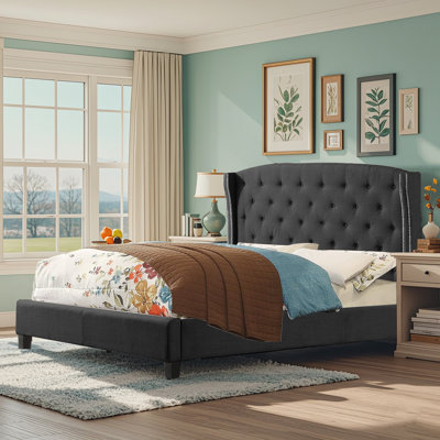 Upholstered Wingback Platform Bed, Bed Frame with Nailhead Trimmed Wingback and Button-Tufted
