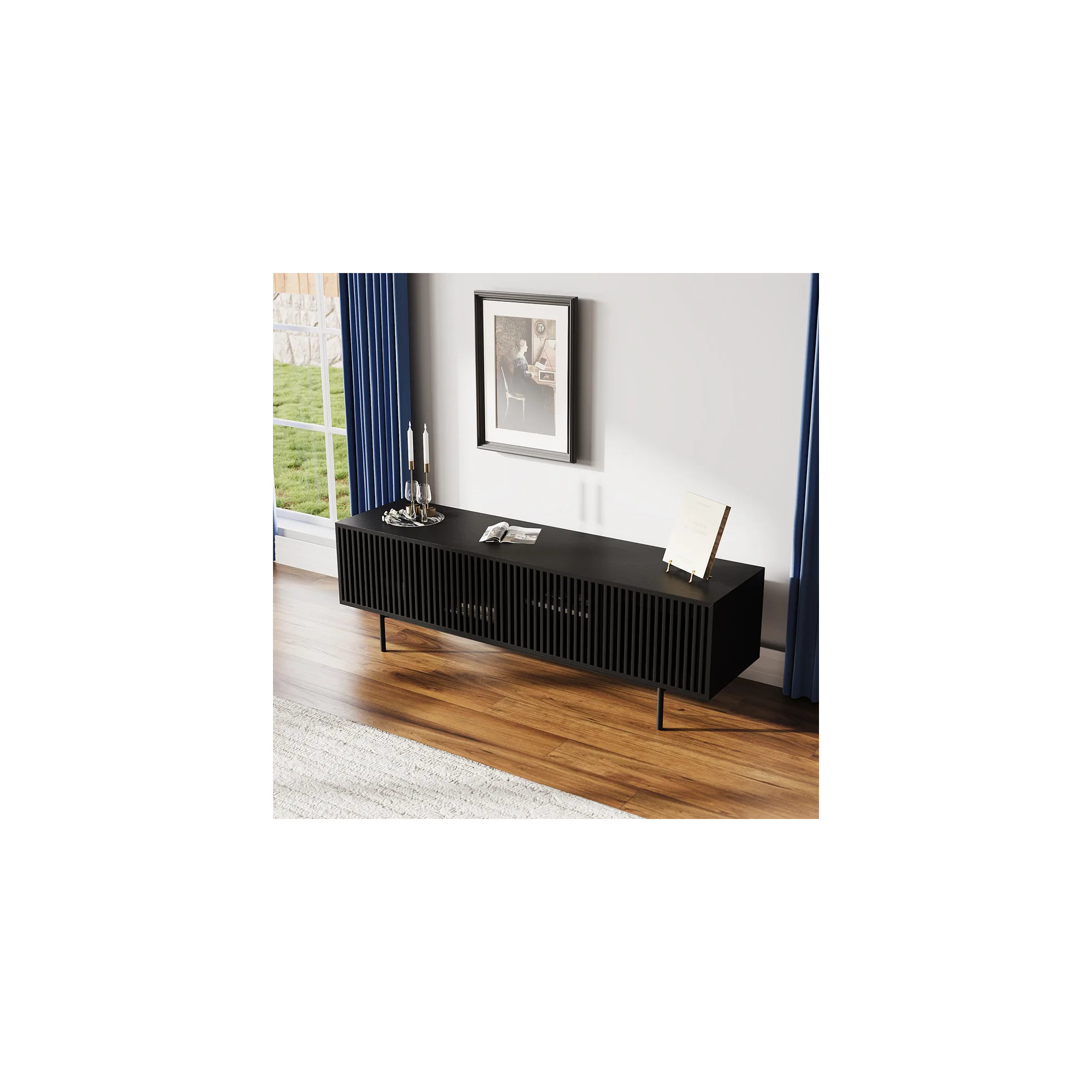 Mid-Century Modern TV Stand, 21.26" H x 71" W x 18.89" D, Black