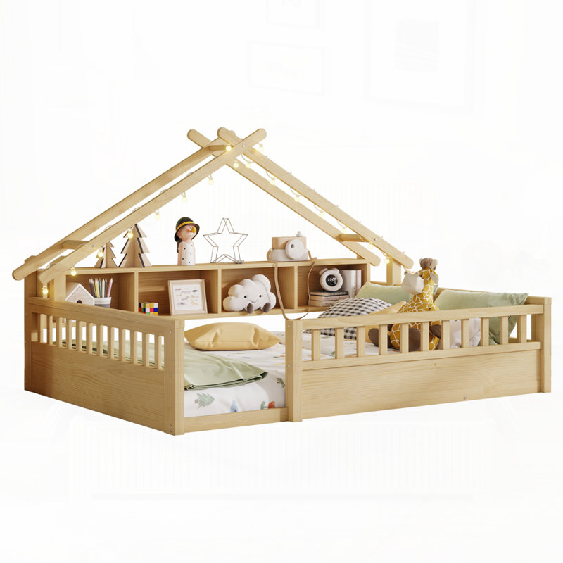 Lit en bois avec tablettes de rangement, Naturel, Lit double