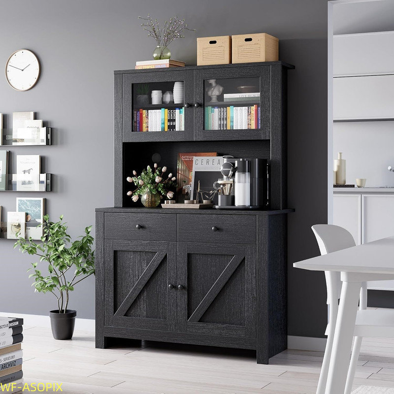 Armoire de cuisine multifonctionnelle avec support pour micro-ondes et bar à café, Noir