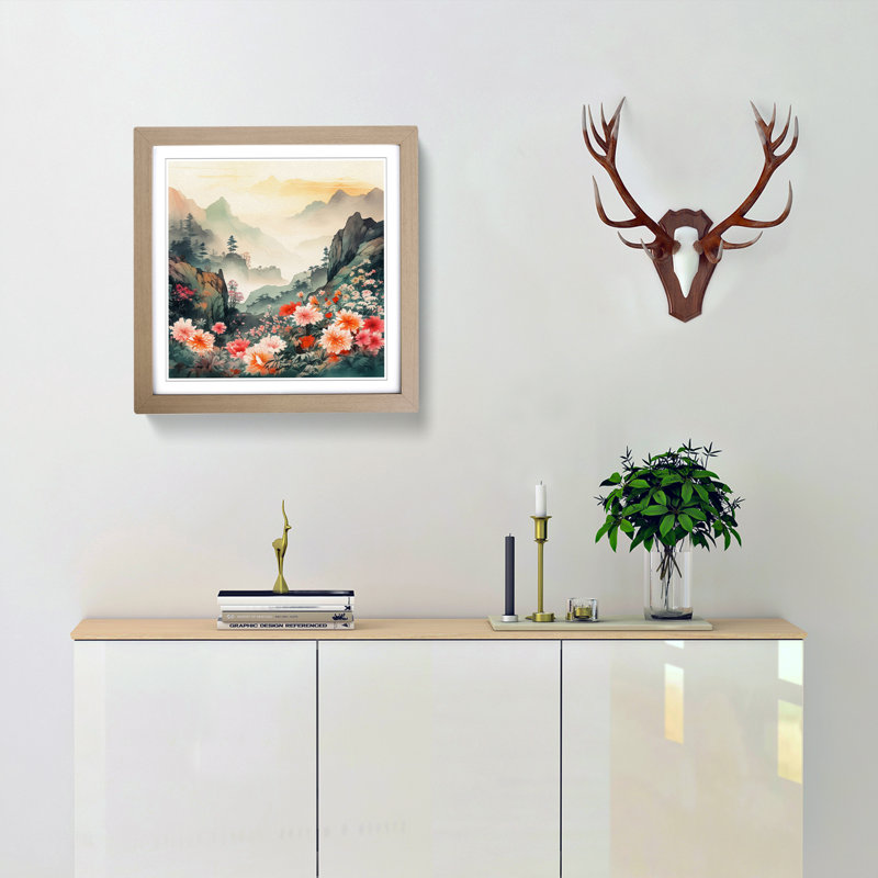 Japanese Mountains Floral No.1 - Framed Print, Oak