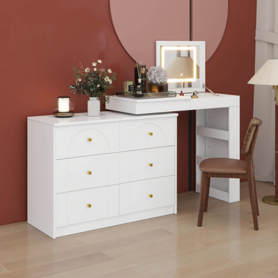 Vanity Desk With Mirror And LED Lights,Convertible L-Shape Makeup Table With Flip-Top Tabletop