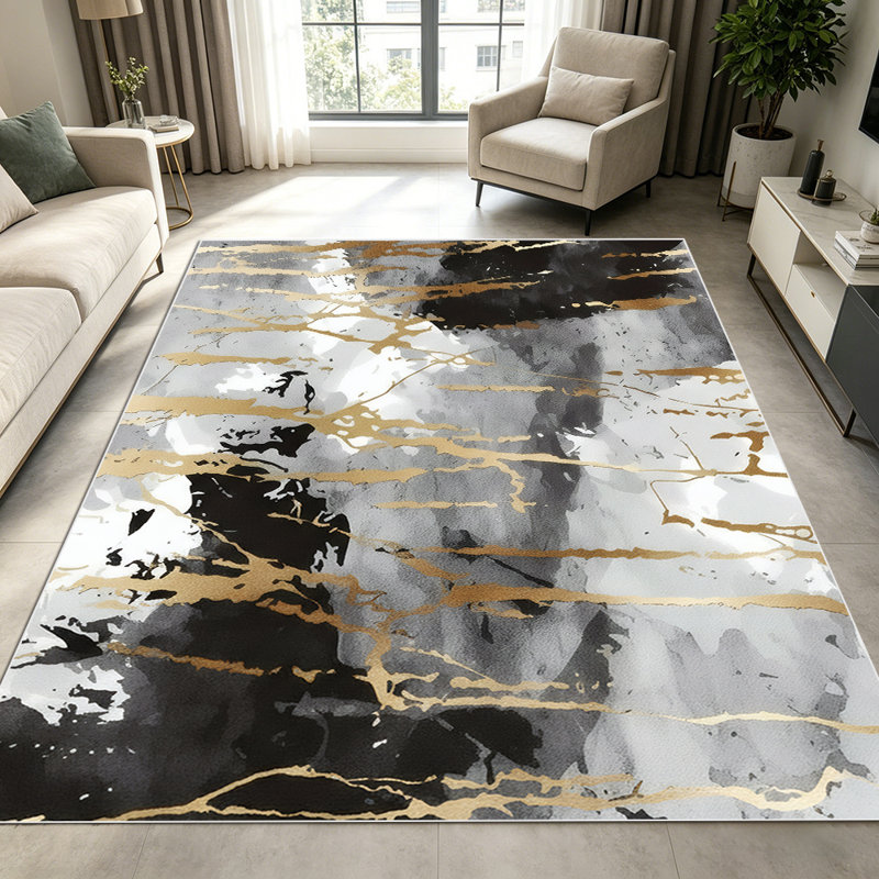1PC Abstract Black Gold Drip Grey Watercolor Brushstroke area rugs for Living Room, Soft, All seasons, Easy-maintain, Washable Indoor mat, Farmhouse suitable for for dining room, bedroom, entryway...