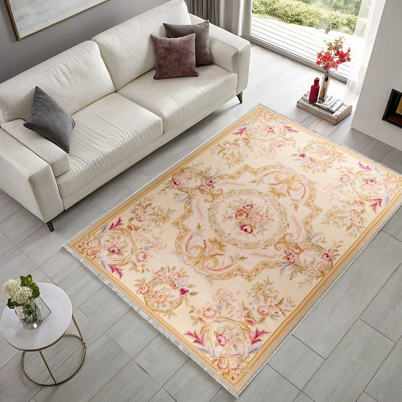 Chenille en coton crème multicolore à motif floral antidérapant kilim, Rectangle 3 pi 4 po x 9 pi 11 po