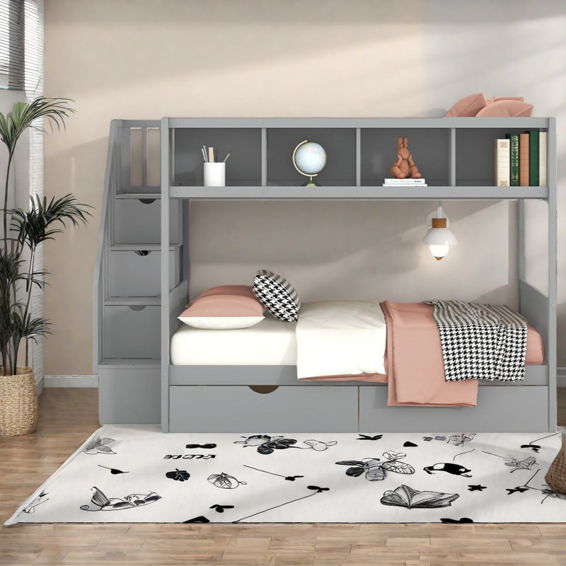 Lit superposé simple au-dessus de double, en bois massif avec rangement, gris moderne