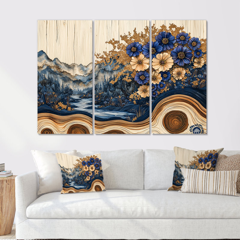Fleurs aqua bleuet et paysage de forêt en bois II - Art mural sur toile bleuet - ensemble de 3, H 28 po x l 36 po