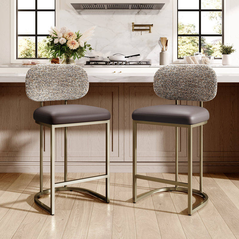Upholstered Counter Stool with Metal Frame, Brown/Gold, 2