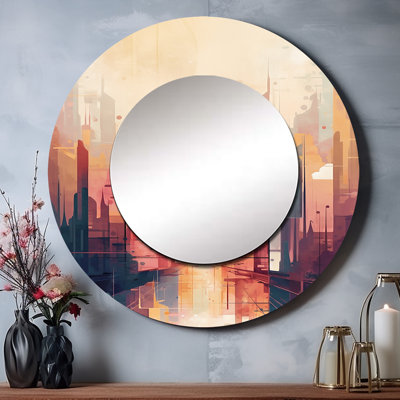 «Styler Modern Cubism Cityscape I» - miroir mural jaune, miroir décoratif rond moderne, impression d'art en métal