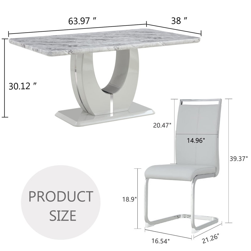 7 Piece - Marbled Dining Table Set, Light Gray/Silver