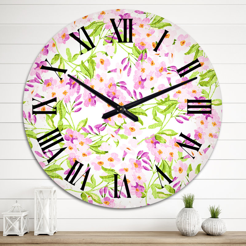 Horloge murale à motif de fleurs roses rétro avec feuilles vertes, Moyen