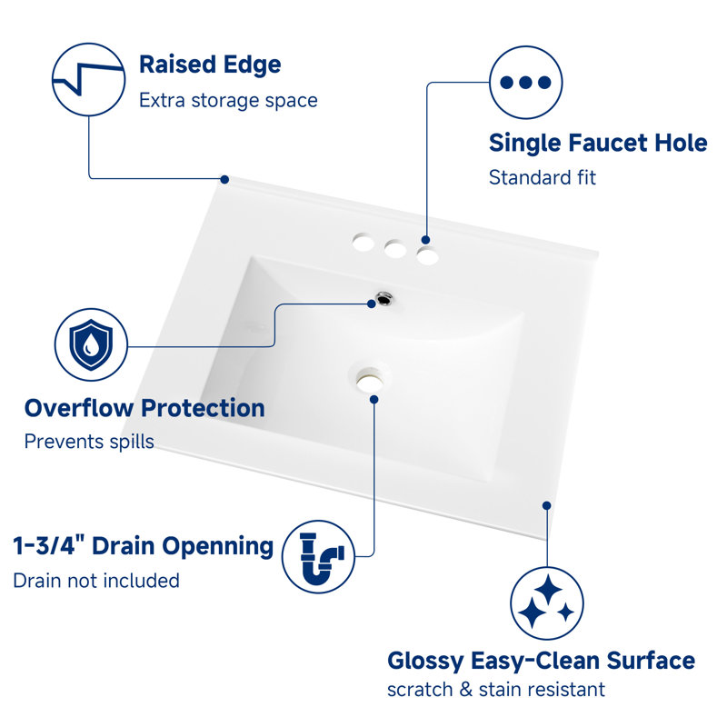 24" Ceramic Vanity Top with Rectangular Integrated Sink, 3-Hole, White