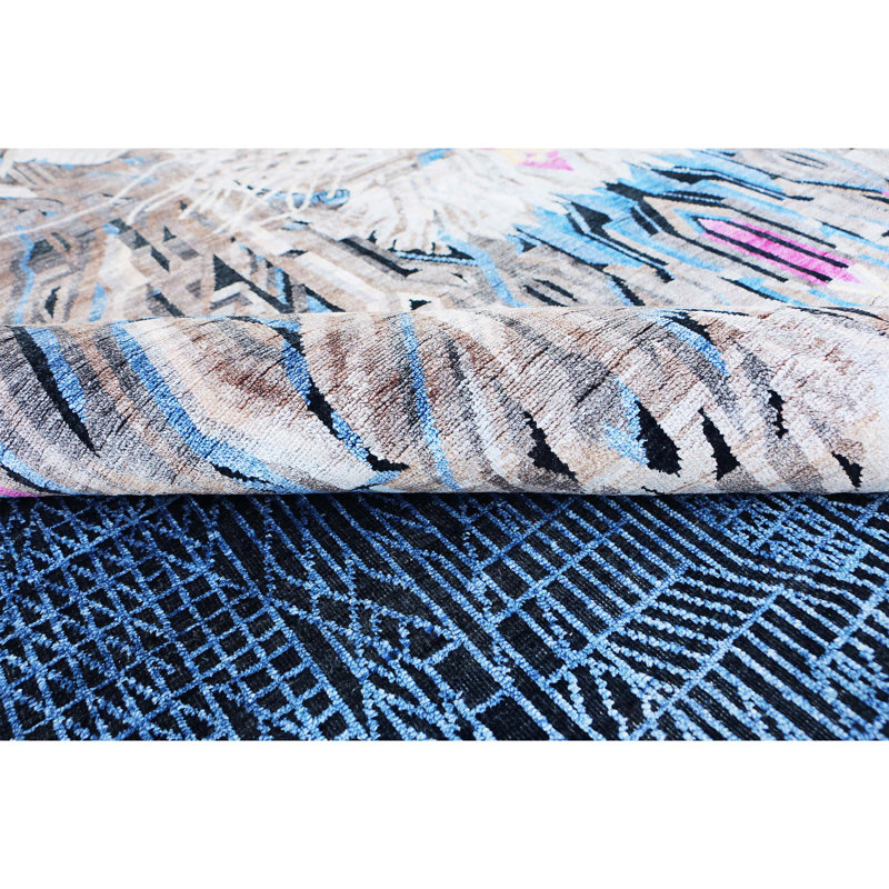 Hand Knotted Area Rug in Black/Blue/White/Gray, Rectangle 9' x 12'