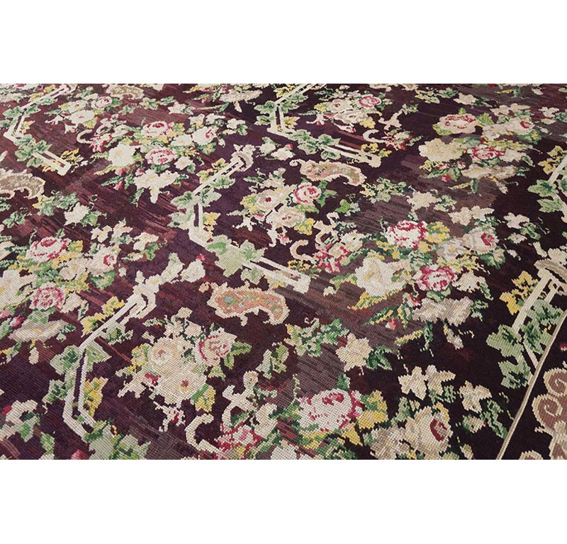 Astonishing Brown Ground in Cute Folk Art Style Antique European Needlepoint Rug