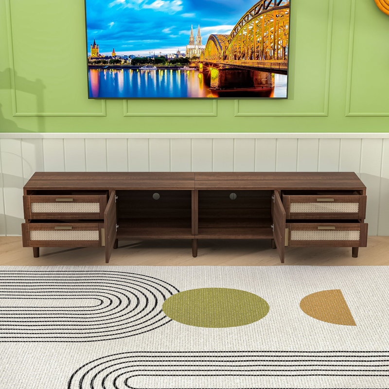 Console média moderne en rotin Boho avec portes à fermeture douce, gestion des câbles