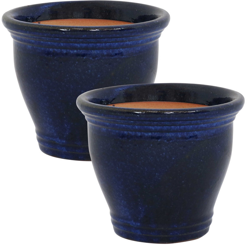 Ailynn Round Imperial Ceramic Outdoor Planter, Blue, 10" H x 12" W x 12" D 