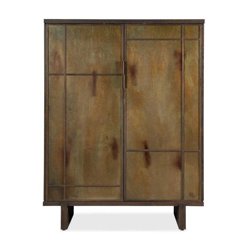 Oak and Metal Sliding Door Bar Cabinet with Glass Shelves