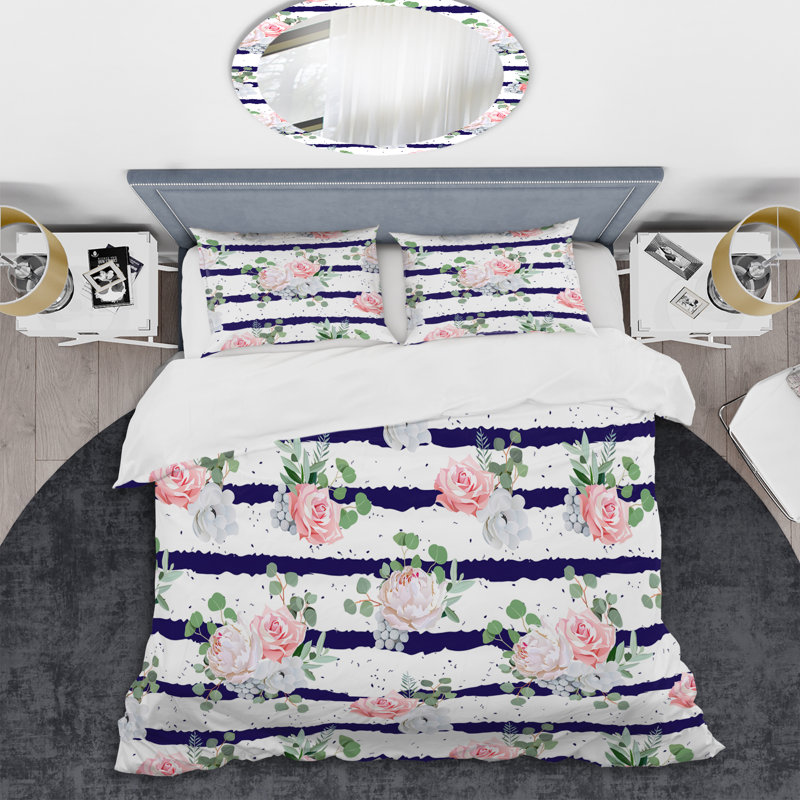 Motif rayé blanc et bleu I - Ensemble de housse de couette abstrait - Microfibre de polyester