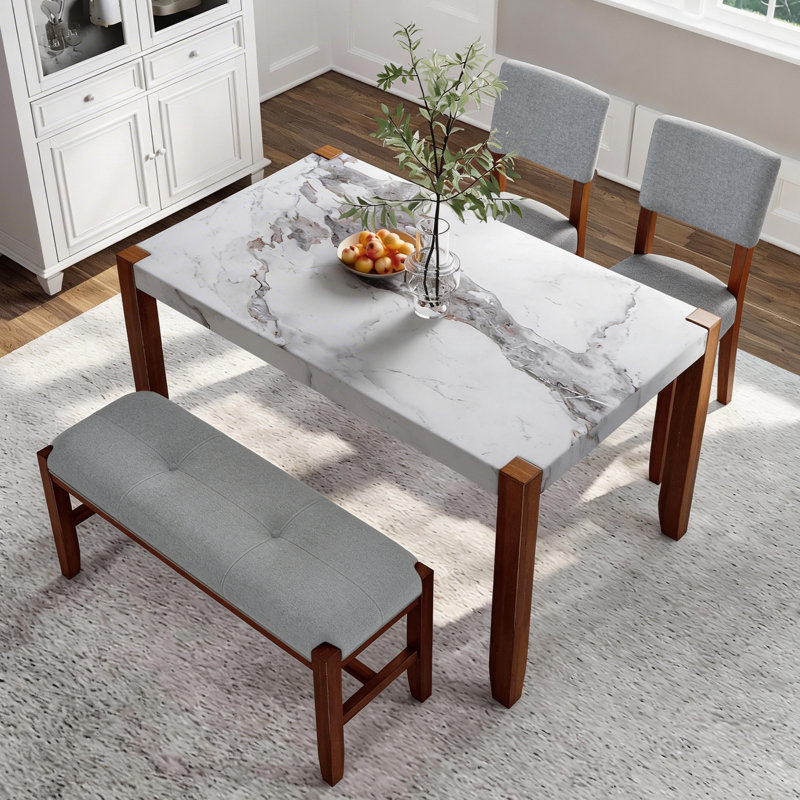 4-Piece Dining Set With Marble-Look Table, Upholstered Chairs, And Bench, Space-Saving Design For Modern Dining Rooms, Gray
