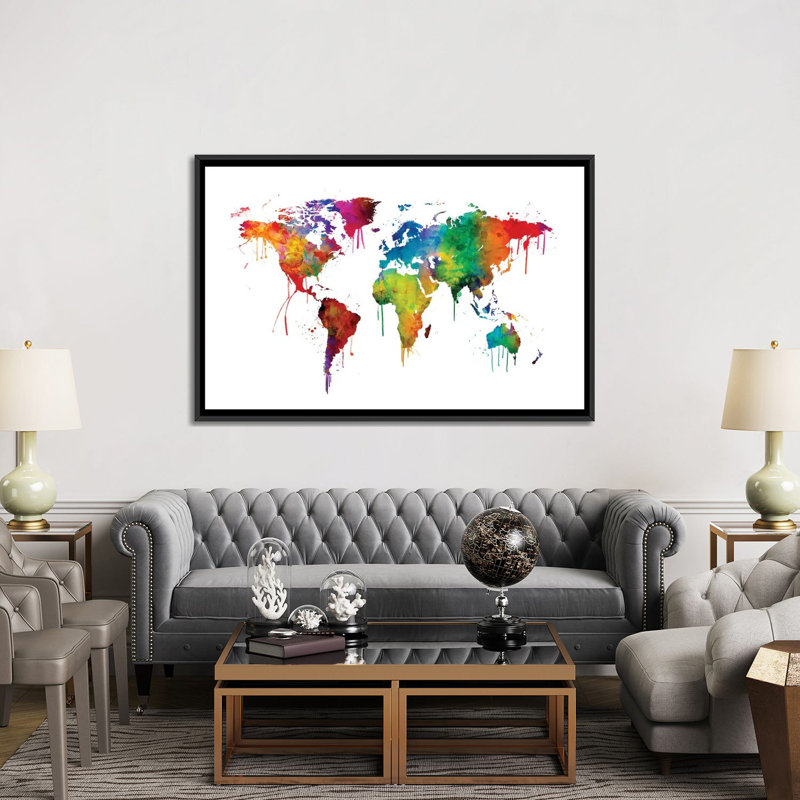 World Map Series: Dripping Effect I, impression sur toile tendue, H 18 po x l 26 po x P 1,5 po, Toile avec cadre noir