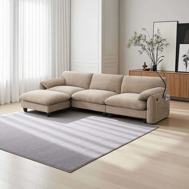 108" Modular Sectional Sofa, L-Shape With 31.5" Extra-Wide Seat Cushion, USB And Type-C Charger, Phone Holder And 2 Side Storage Pockets, Free Movement Ottoman, Striped Chenille