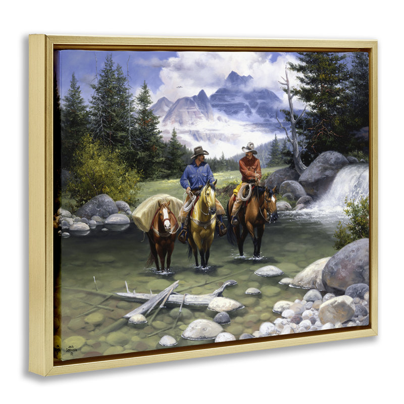 "Travelling Cowboys in Stream", art mural encadré par Jack Sorenson, H 17 po x l 21 po, Cadre flottant métallique doré