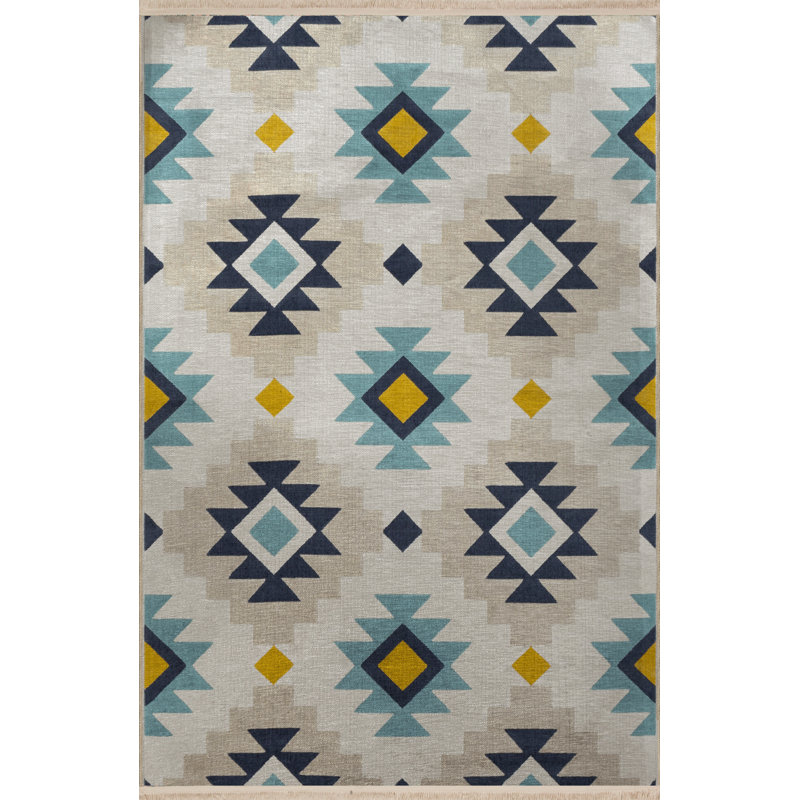 Tapis décoratif multicolore à motif géométrique beige et bleu à motif frangé, Rectangle 3 pi 3 po x 6 pi 7 po