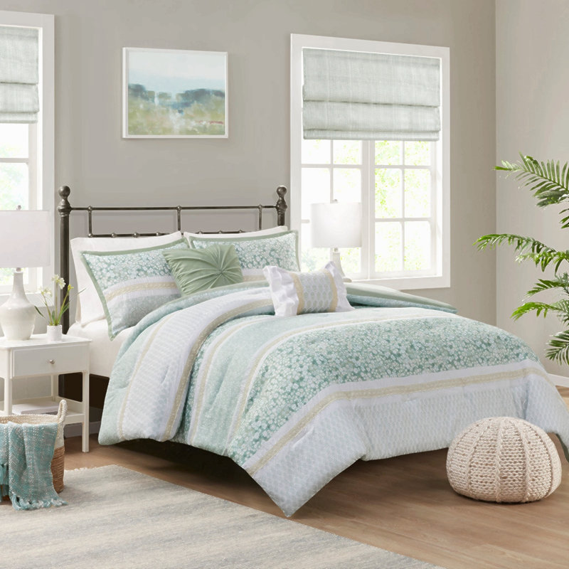 Ensemble d'édredon 5 pièces avec coussins décoratifs King / Cal King, Green