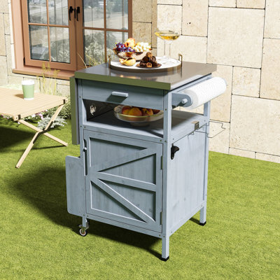 Outdoor Kitchen Grill Cart with Drop Leaf, Stainless Steel Top, Ample Storage and Lockable Wheels
