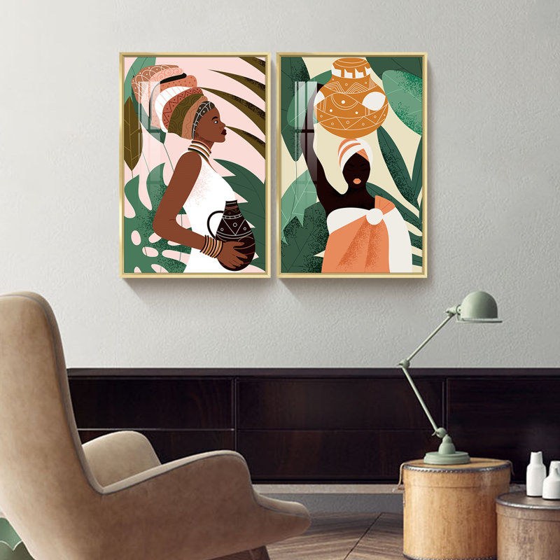 "Boho", art mural sur toile 2 pièces, femme noire avec impression d'art moderne terre cuite, H 24 po x l 32 po x P 2,6 po, Or