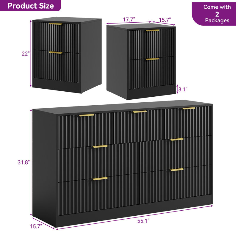 3-Piece 7-Drawer Dresser & 2-Drawer Nightstand Set, Black