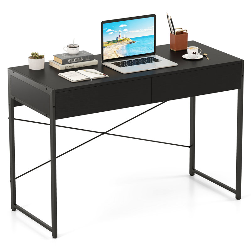 Modern 2-Drawer Computer Desk w/ Reinforced Heavy-Duty Metal Frame Anti-Tip Kit