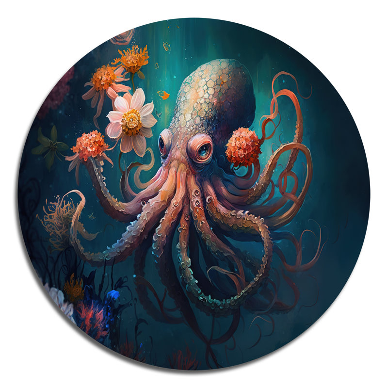 Pieuvre dans l'océan avec fleurs III - animaux, art rond en métal, H 29 po x l 29 po