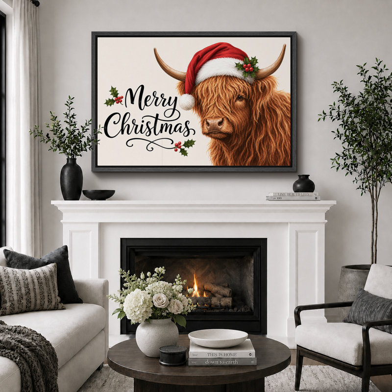 «Merry Christmas Highland Cow», impression sur toile, impression sur toile encadrée, H 16 po x l 24 po x P 1,5 po, Cadre noir