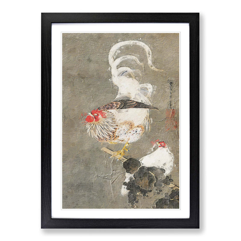 Hen & Rooster by Ito Jakuchu - Picture Frame Painting Print on MDF, Black Framed, 65cm H x 48cm W x 2cm D