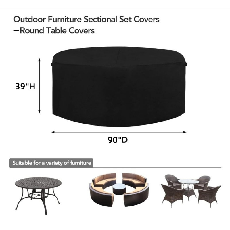 Housse de table de patio ronde 420D enduite de polyuréthane noir, P 90 po x H 39 po, protection imperméable toutes saisons