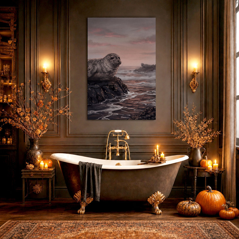 Deux sceaux sur des roches Barnacled au coucher du soleil, art d'Halloween, H 24 po x l 16 po