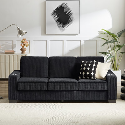 HOME 83.86" Modern 3-Seater Corduroy Sofa In Black – Compressed Couch For Living Room, Bedroom, Or Office