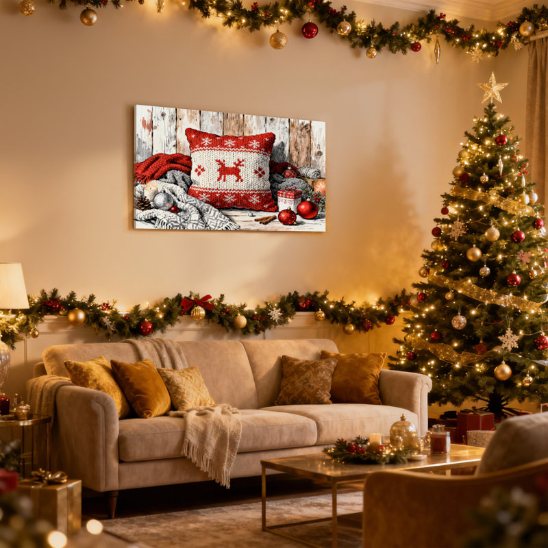 Ensemble de 3 coussins décoratifs de Noël flocons de neige rouge et blanc, H 16 po x l 24 po