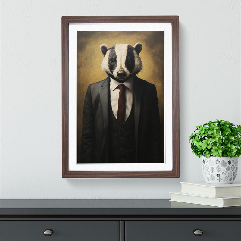 Badger in a Suit Painting - Framed Print, Walnut Framed, 64cm H x 46cm W x 2cm D