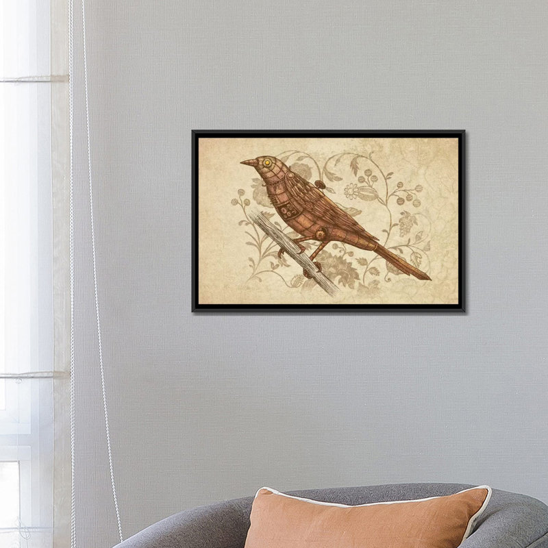 Steampunk Songbird, impression sur toile tendue, H 18 po x l 26 po x P 1,5 po, Toile avec cadre noir, Pas de tapis