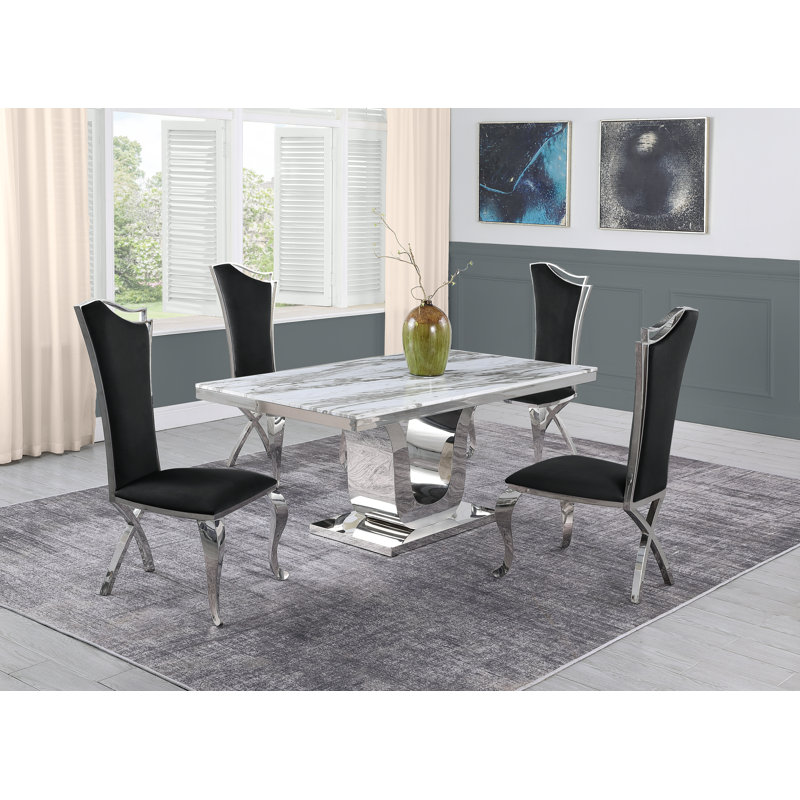 Ensemble de salle à manger Amias, Noir, Blanc / argenté, 5