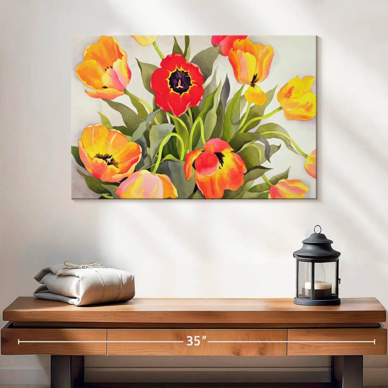 Harnek orange et tulipes rouges, H 16 po x l 24 po