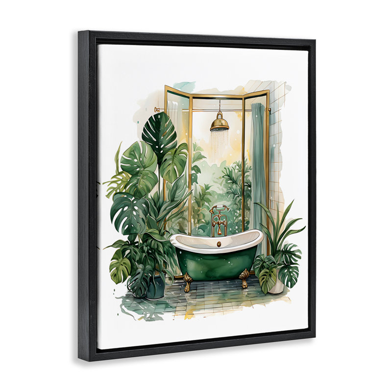 Baignoire dans un cadre flottant dans une oasis tropicale, design par lettré et doublé, Cadre flottant noir de jais