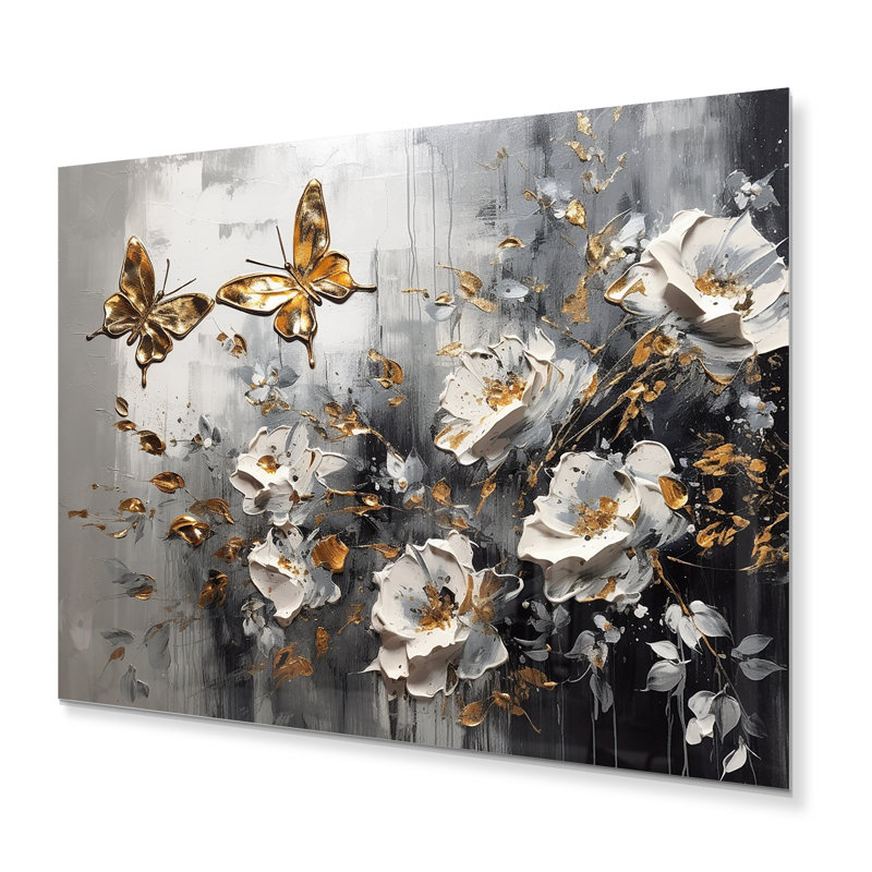 Ailes de papillon doré blanc et fleurs II - impression sans cadre sur métal, H 30 po x l 40 po x P 1 po
