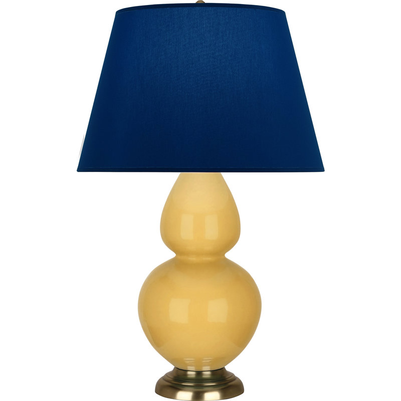 Lampe de table double gourde en céramique, Bleu marine/gris, Jaune coucher de soleil glacé / laiton, Laiton