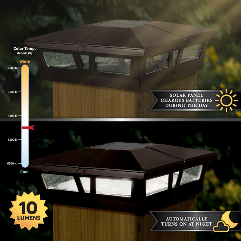 Cambridge Solar Powered Integrated LED Metal Fence Post Cap 6" x 6" with Base Adapter Included, Brown